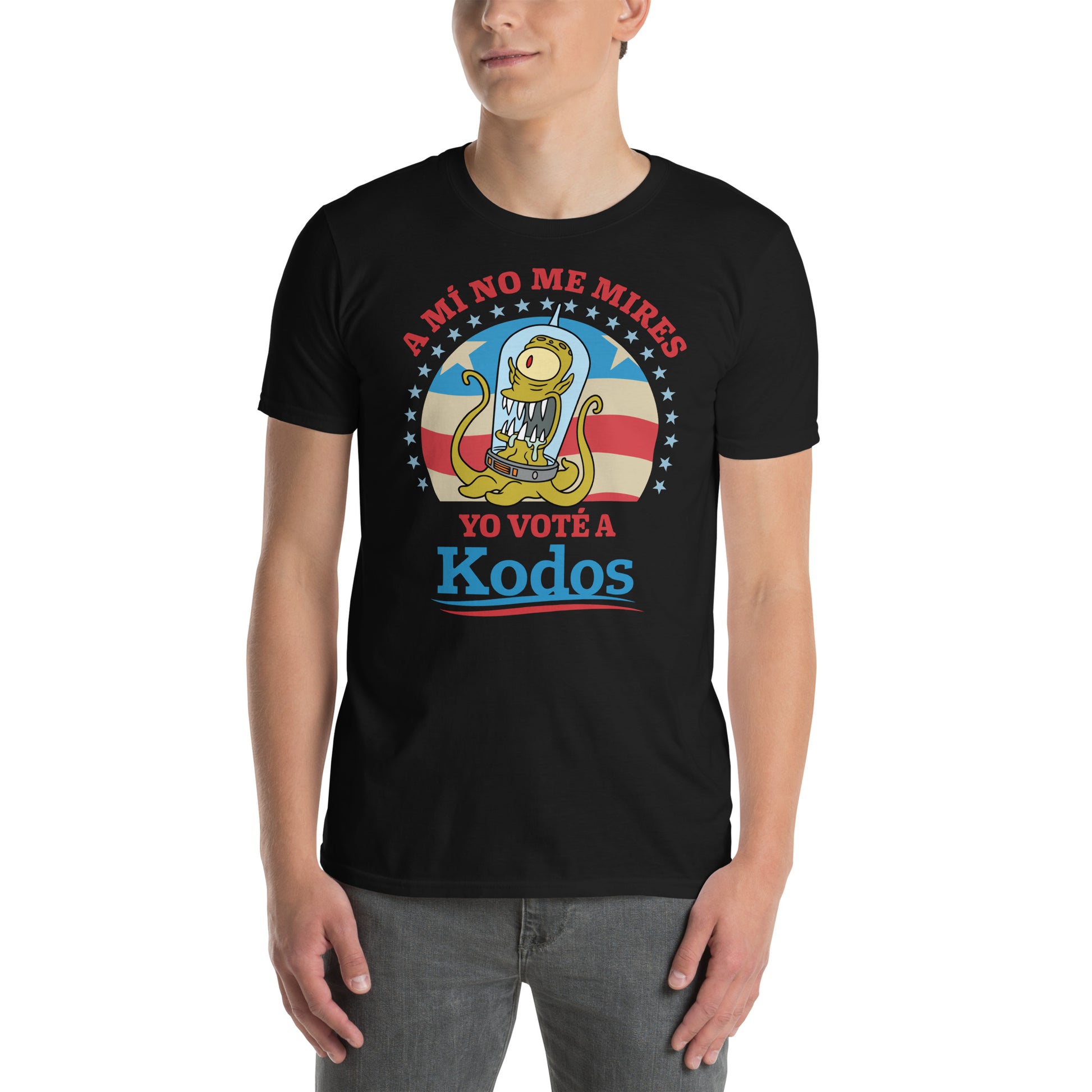 hombre con camiseta a mi no me mires yo vote a kodos de los simpsons en color negro