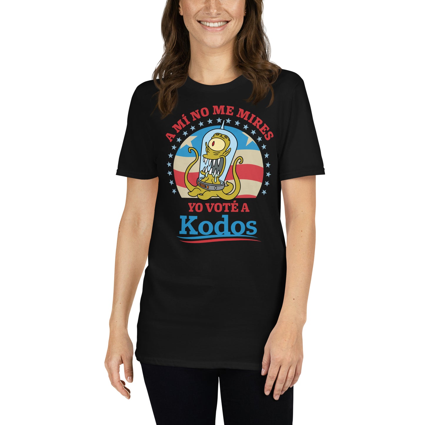 mujer con camiseta a mi no me mires yo vote a kodos de los simpsons en color negro