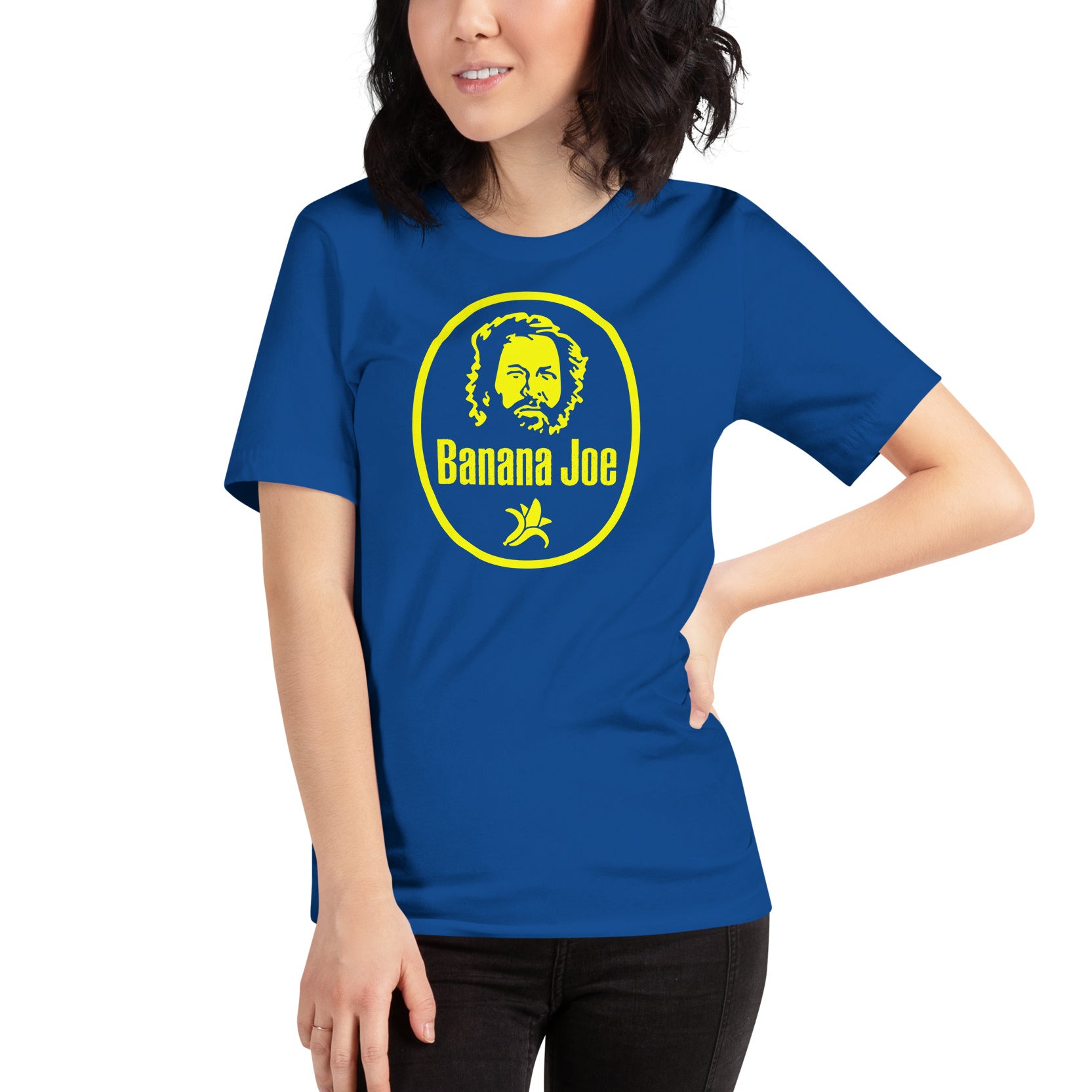 mujer con camiseta banana joe bud spencer en color azul royal