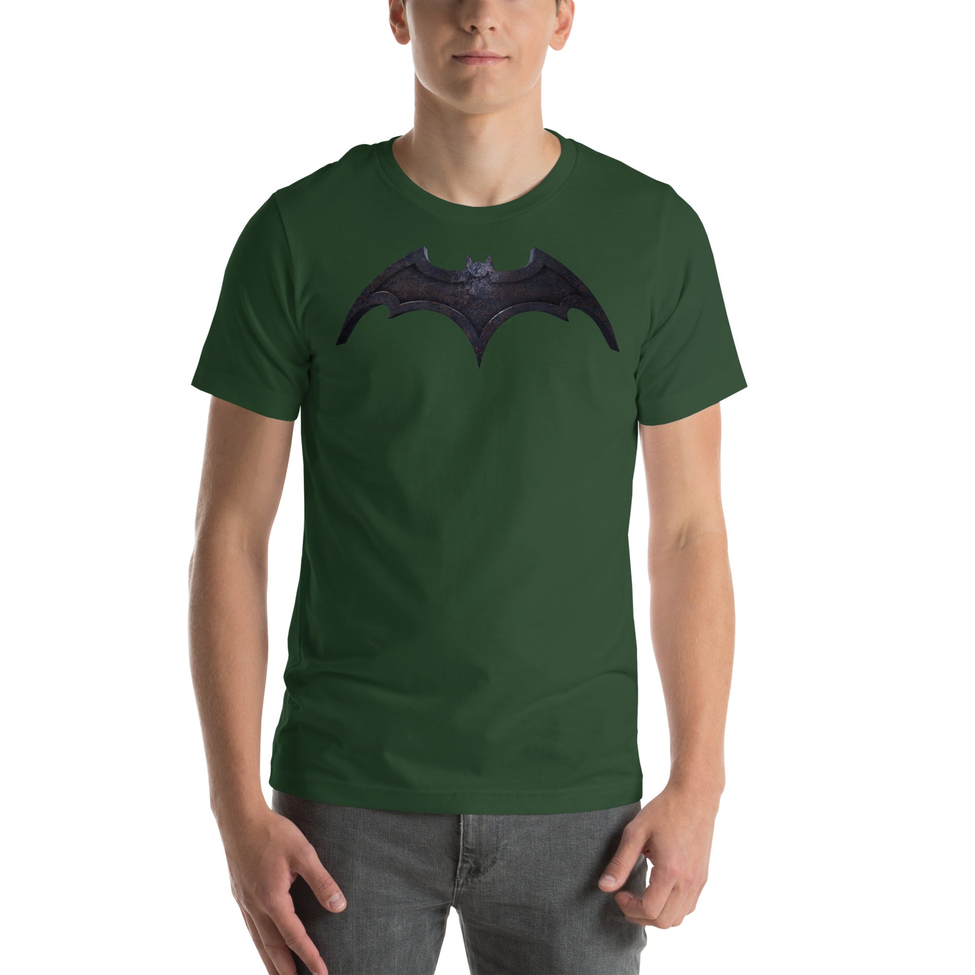 hombre con camiseta batman murcielago el caballero oscuro en color verde botella