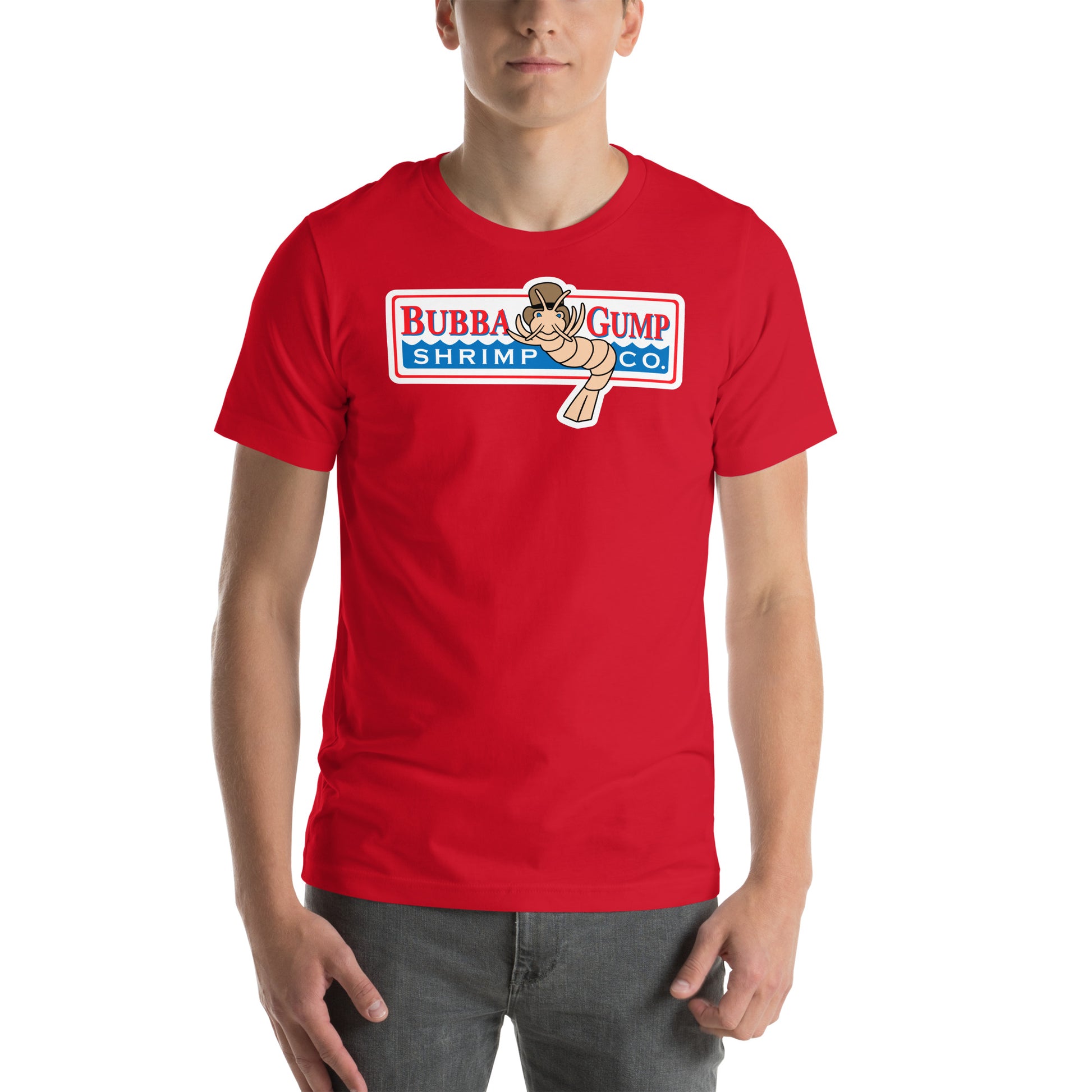 hombre con camiseta bubba gump shrimp company forrest gump en color rojo