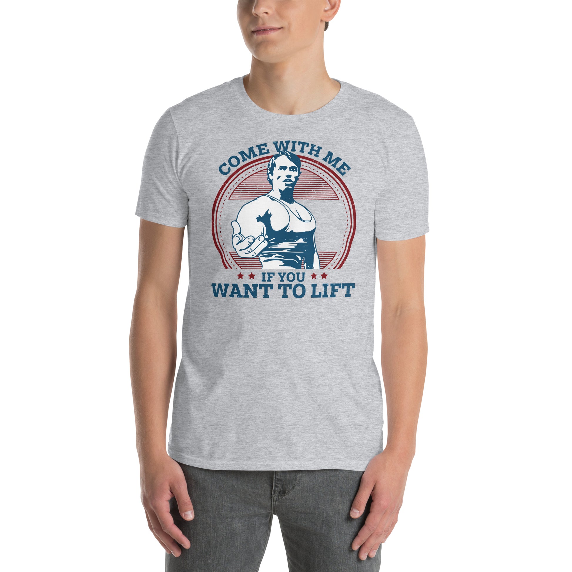 hombre con camiseta come with me if you want to lift de arnold schwarzenegger en color gris