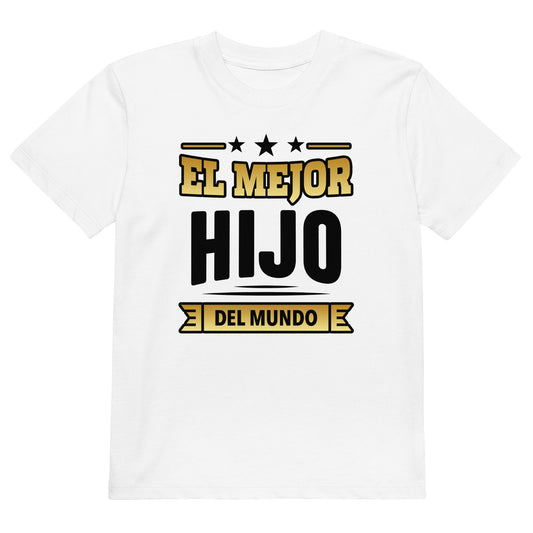 niño con camiseta el mejor hijo del mundo infantil en color blanco