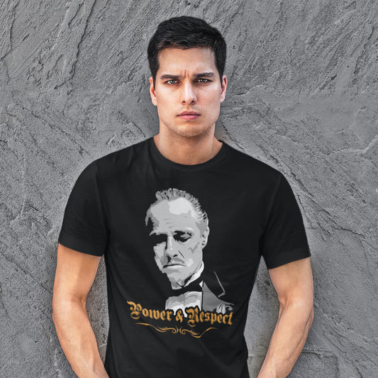 hombre con camiseta el padrino poder y respeto the godfather en color negro