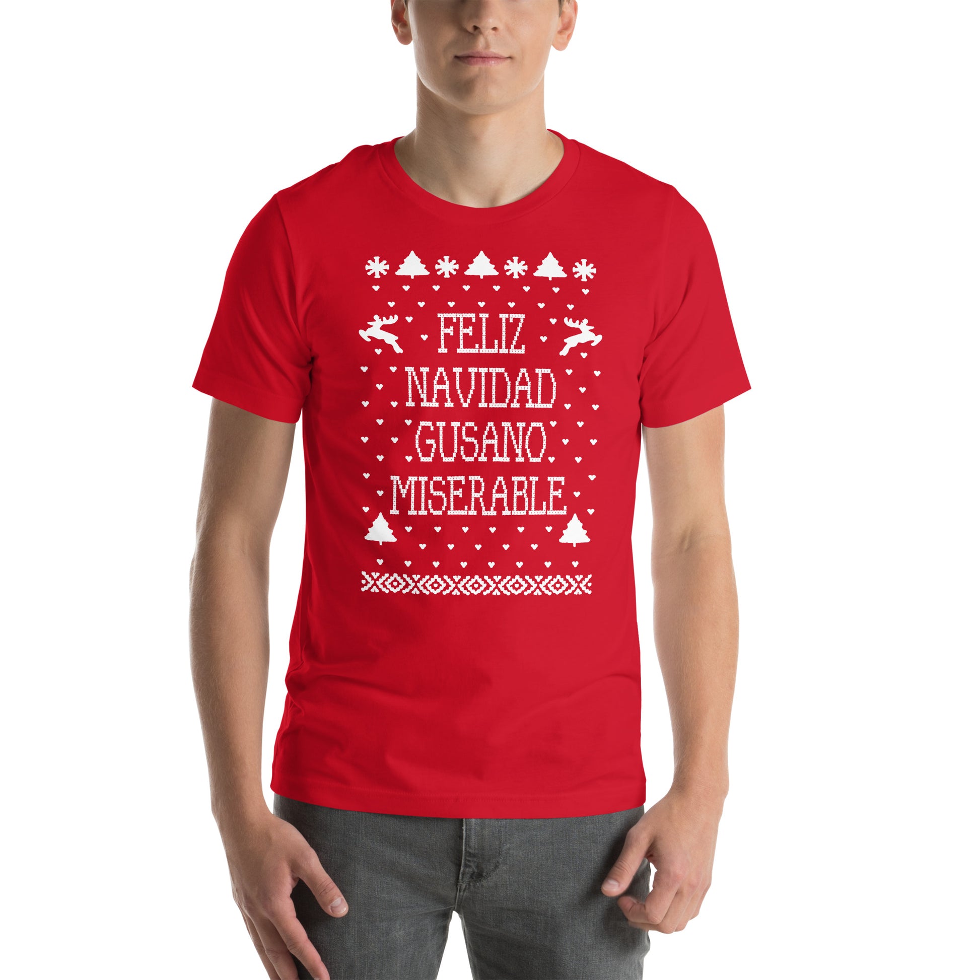 hombre con camiseta feliz navidad gusano miserable de solo en casa en color rojo