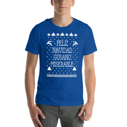 hombre con camiseta feliz navidad gusano miserable de solo en casa en color azul royal