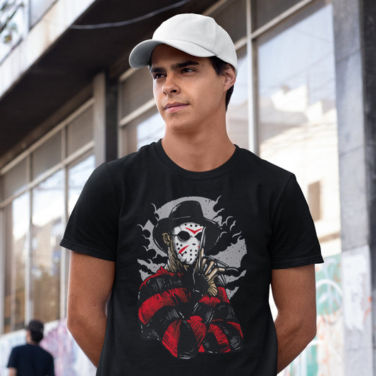 hombre con camiseta freddy krueger con mascara de jason voorhes en color negro