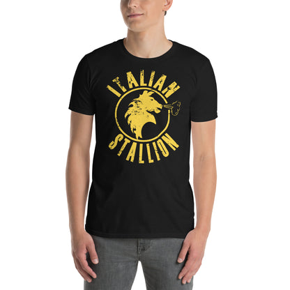 hombre con camiseta italian stallion rocky balboa en color negro