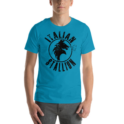 hombre con camiseta italian stallion rocky balboa en color azul