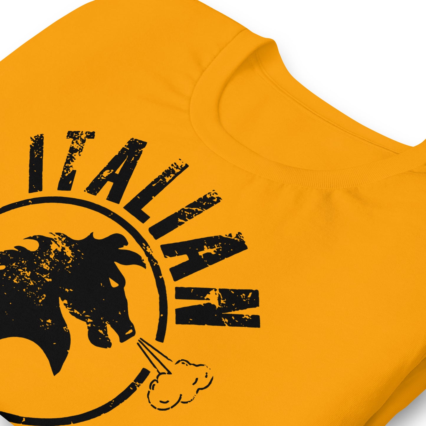 detalle de camiseta italian stallion rocky balboa en color amarillo mostaza