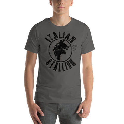 hombre con camiseta italian stallion rocky balboa en color gris