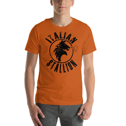 hombre con camiseta italian stallion rocky balboa en color naranja