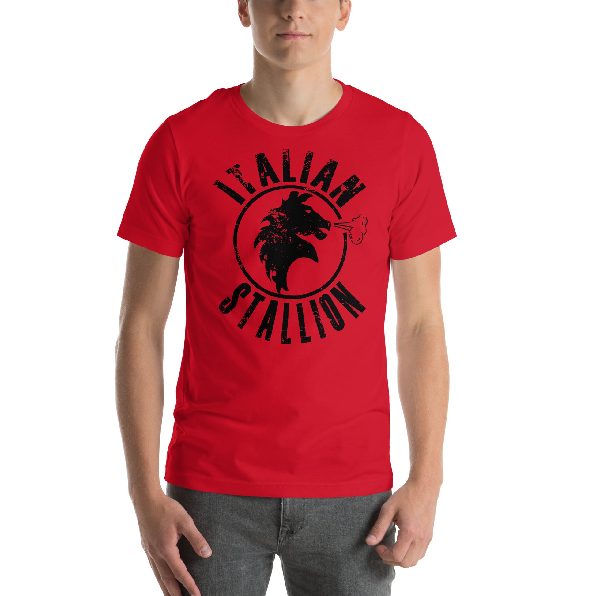 hombre con camiseta italian stallion rocky balboa en color rojo