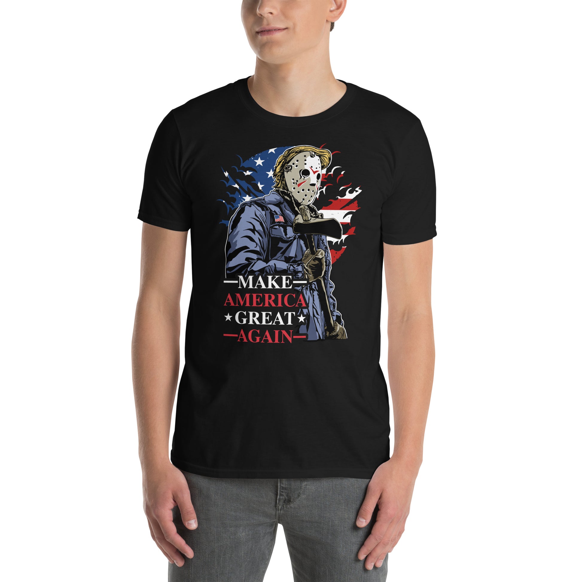 hombre con camiseta make america great again de donald trump en color negro