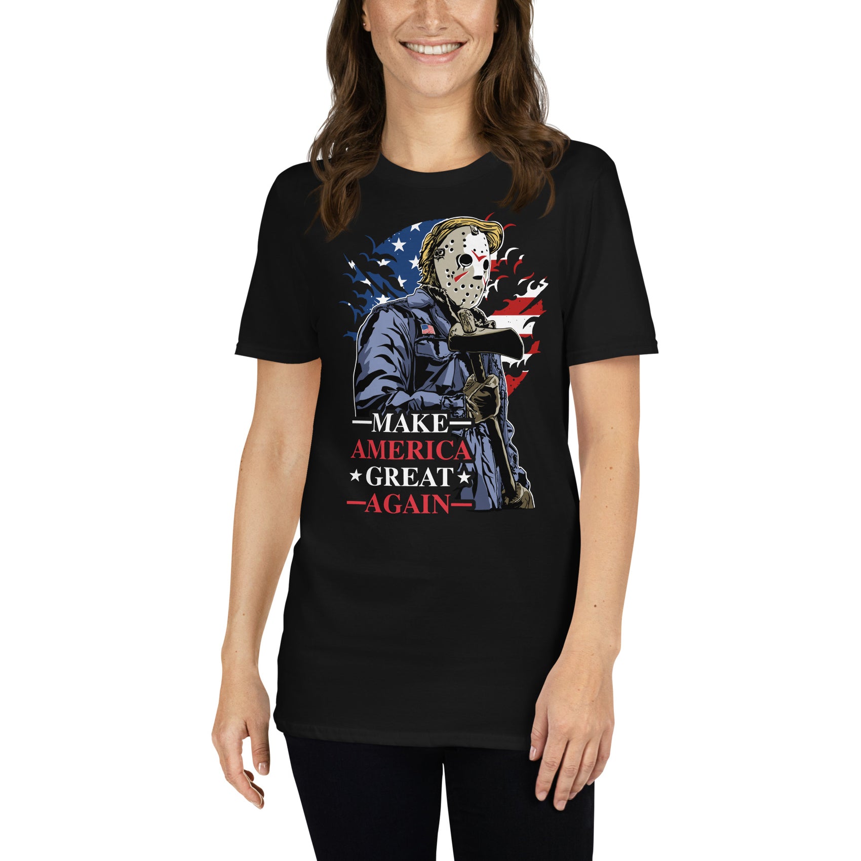 mujer con camiseta make america great again de donald trump en color negro