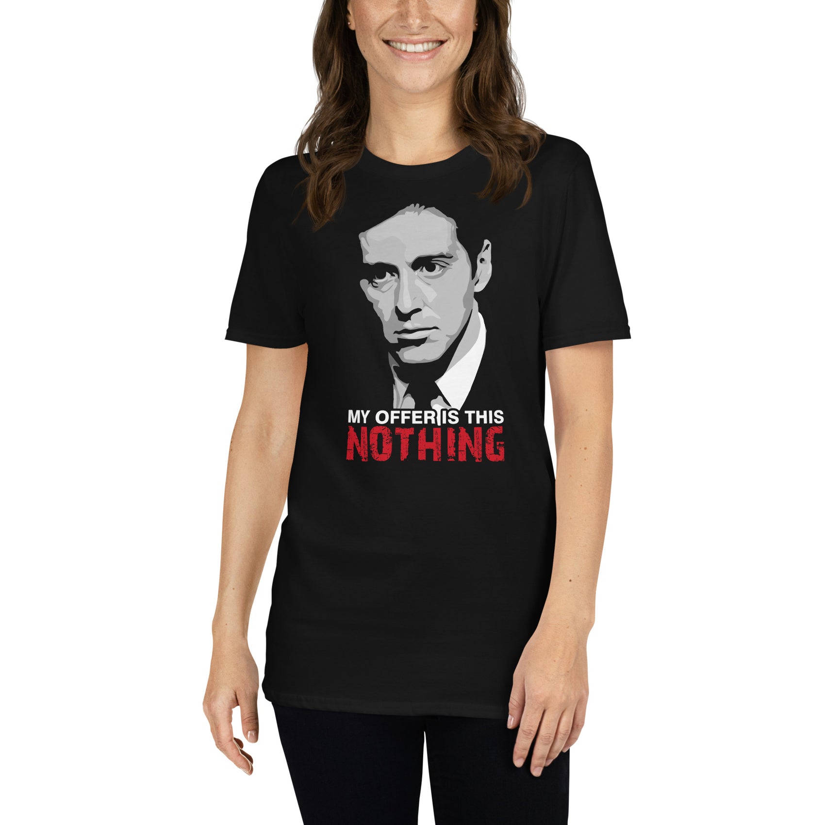 mujer con camiseta mi oferta es esta nada el padrino the godfather michael corleone en color negro