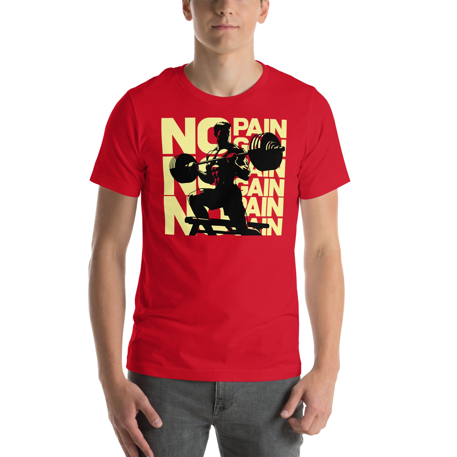 hombre con camiseta no pain no gain gym gimnasio fitness en color rojo