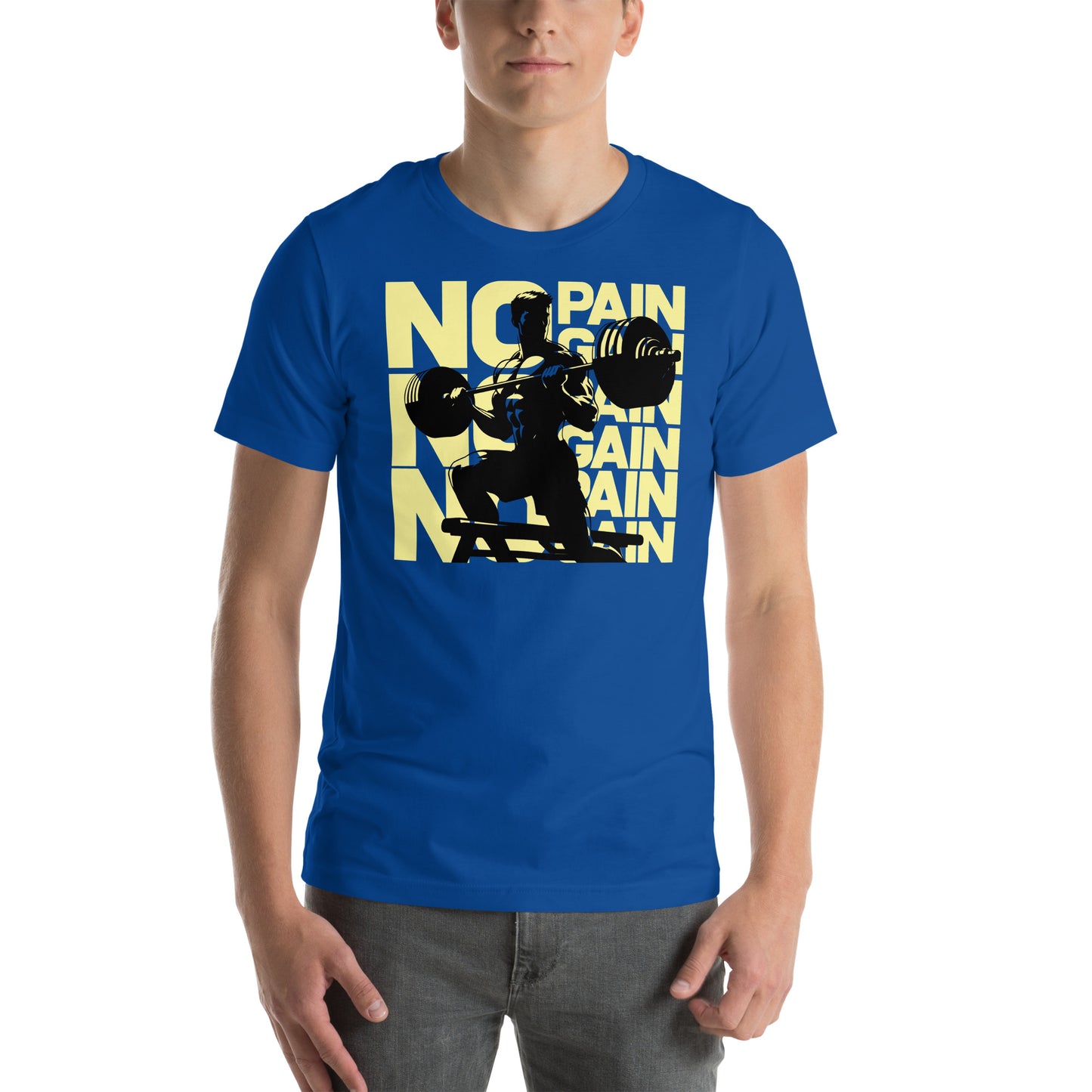 hombre con camiseta no pain no gain gym gimnasio fitness en color azul royal