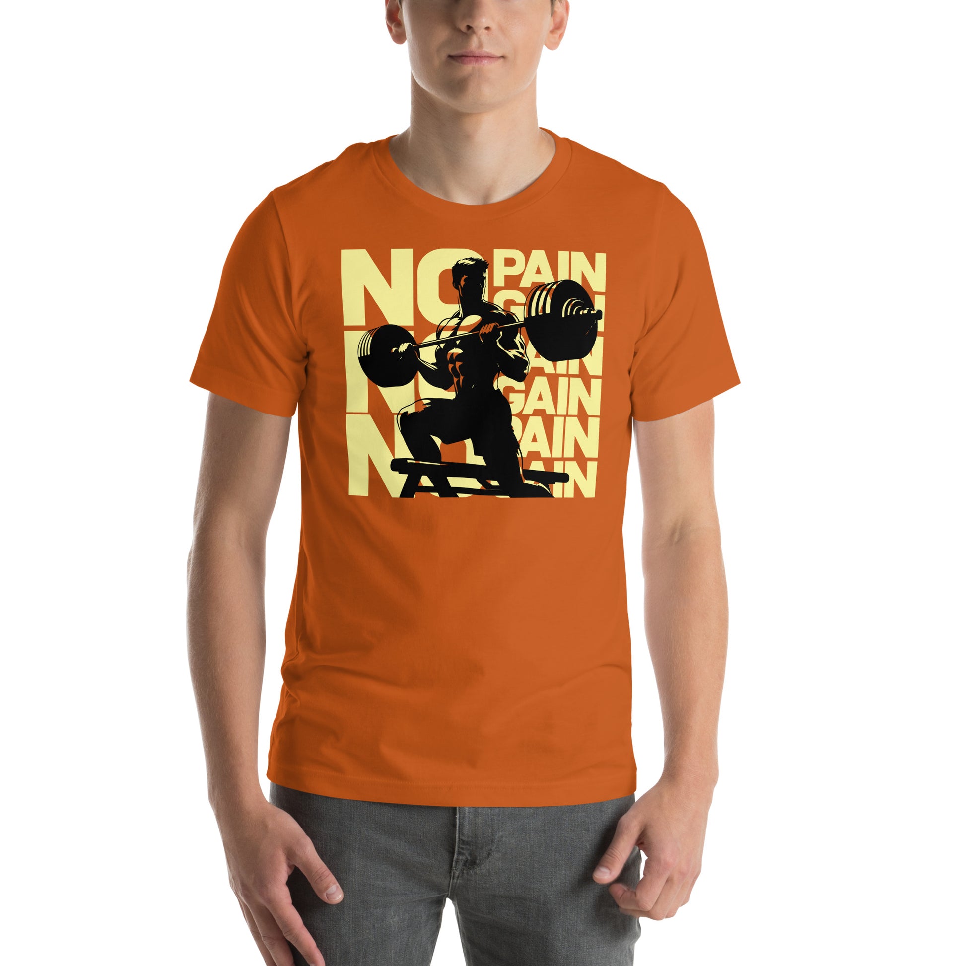 hombre con camiseta no pain no gain gym gimnasio fitness en color naranja