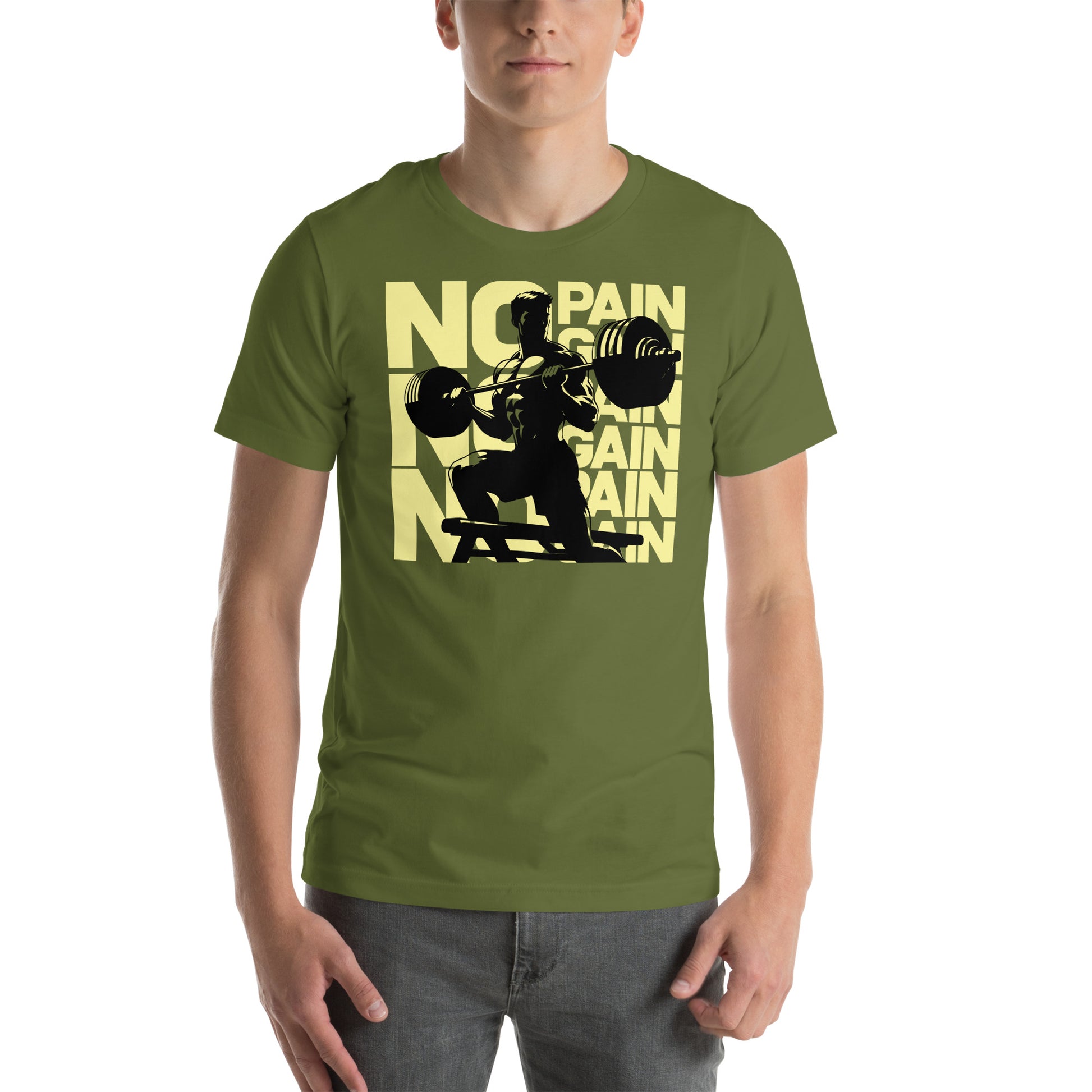 hombre con camiseta no pain no gain gym gimnasio fitness en color verde oliva