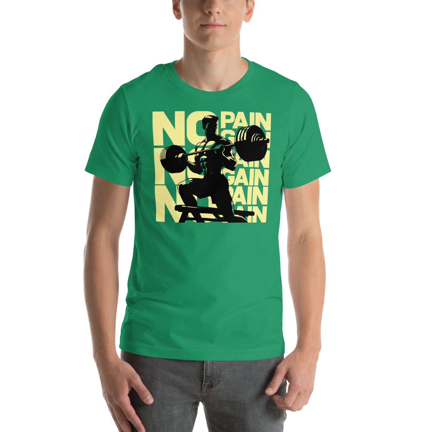 hombre con camiseta no pain no gain gym gimnasio fitness en color verde