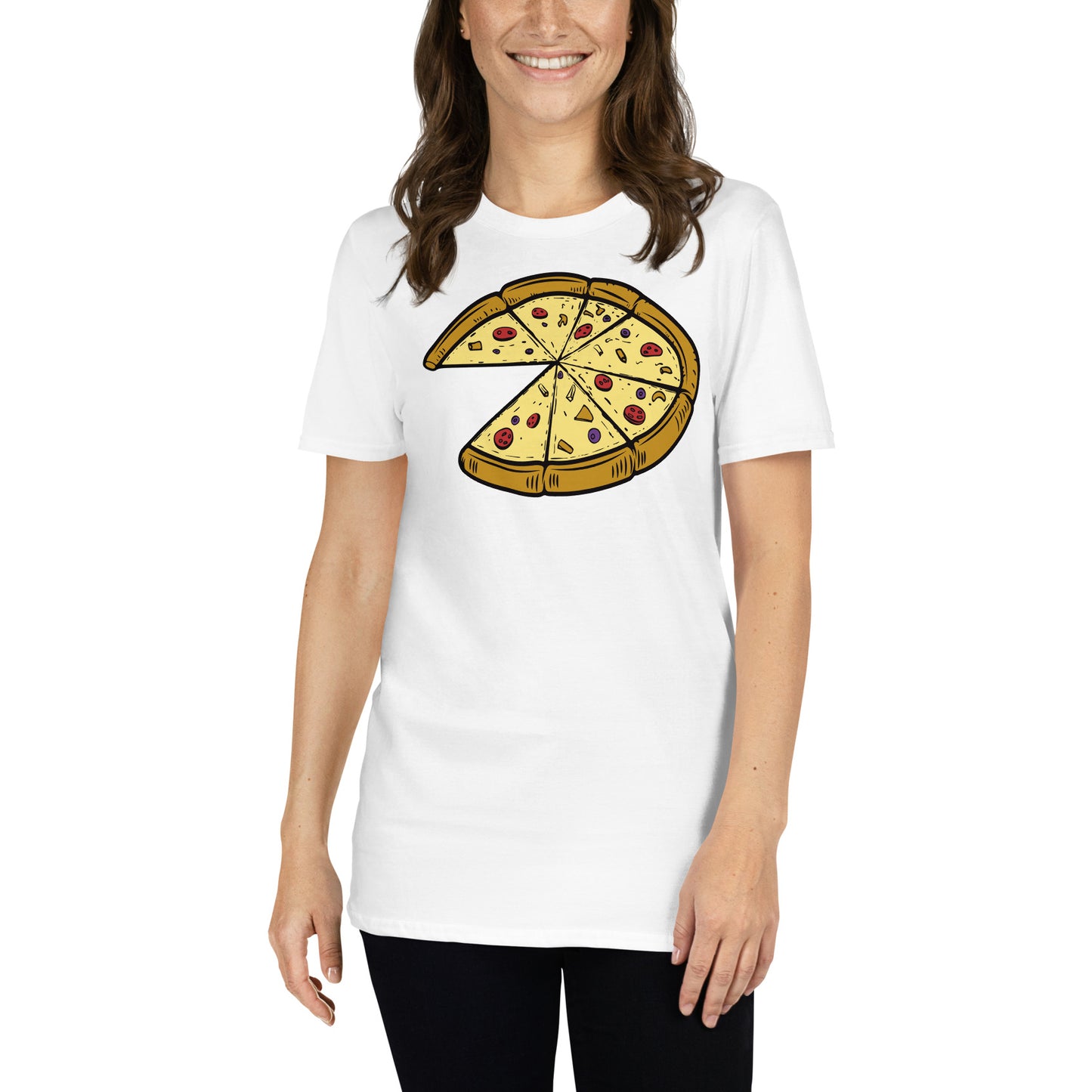 mujer con camiseta pizza regalo dia del padre madre en color blanco