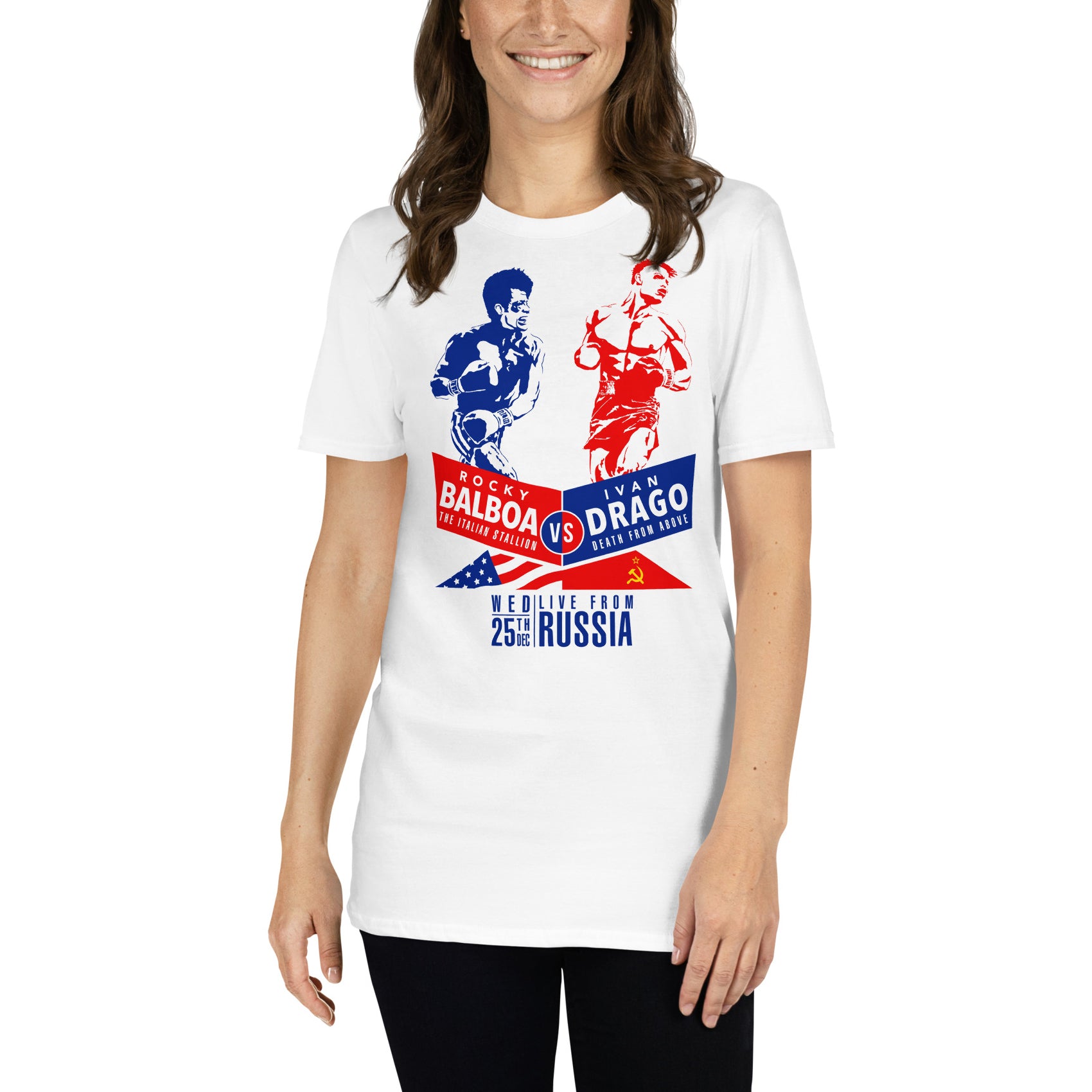 mujer con camiseta rocky balboa ivan drago en color blanco