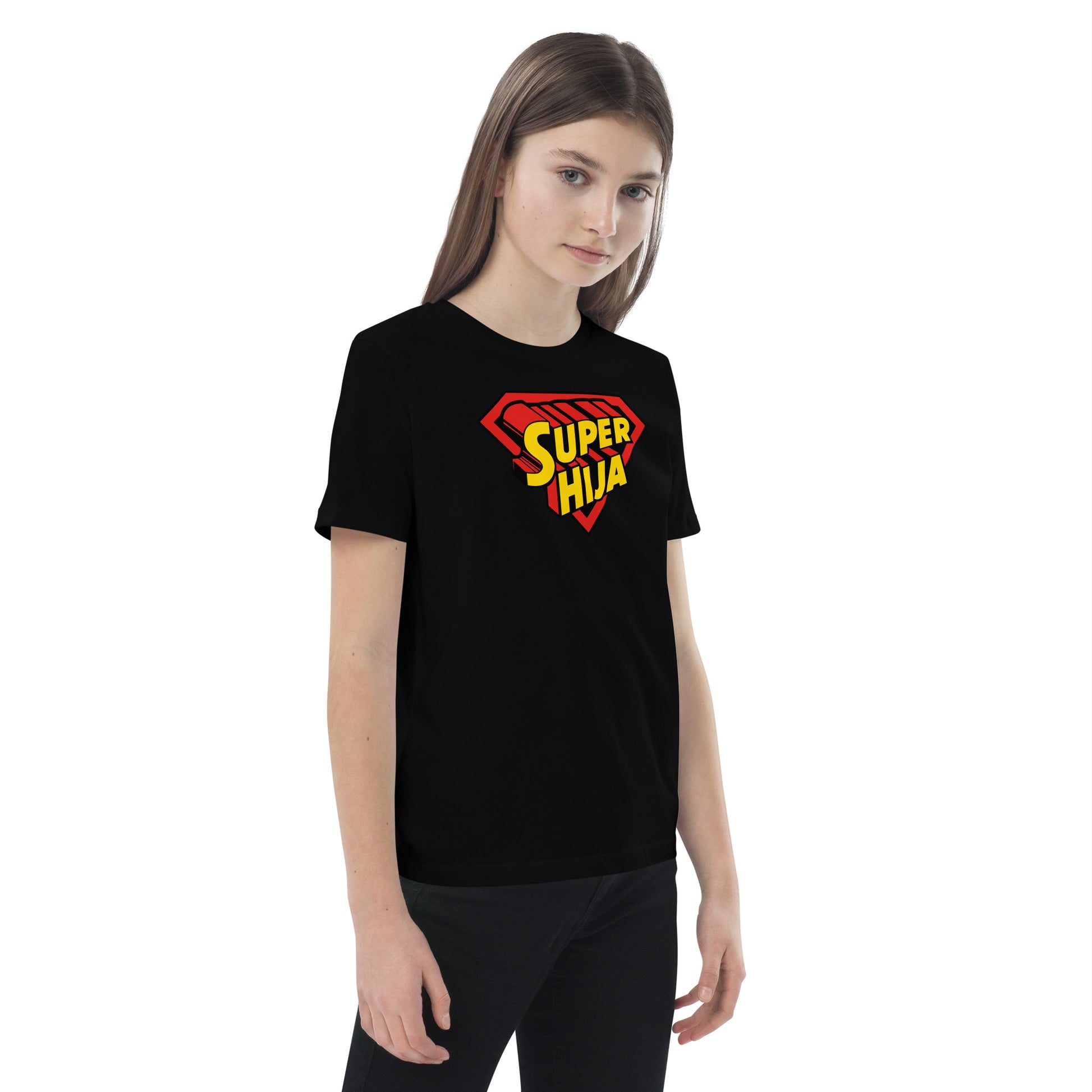 niña con camiseta super hija superman infantil en color negro