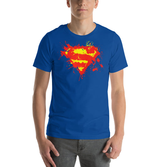 hombre con camiseta superman el hombre de acero splatter en color azul royal