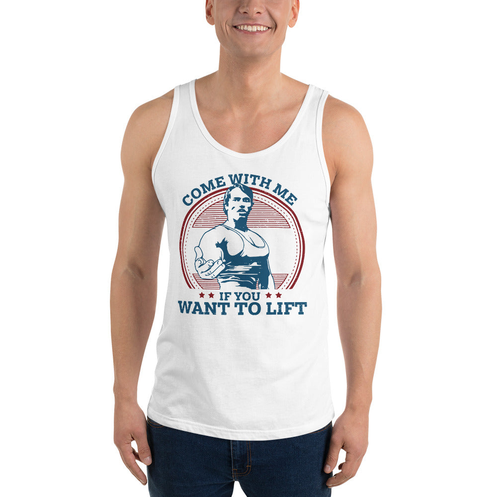 hombre con camiseta de tirantes come with me if you want to lift de arnold schwarzenegger en color blanco