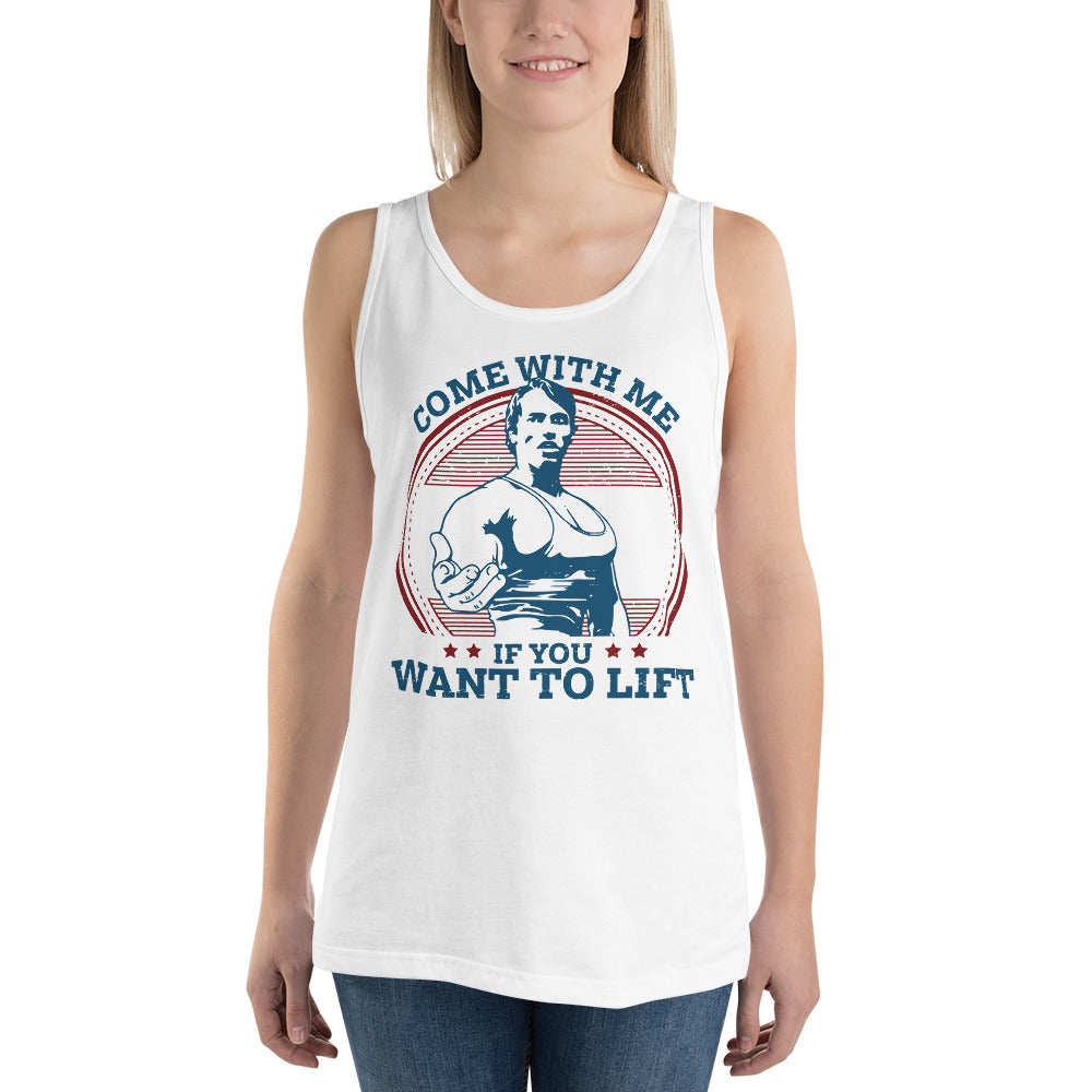 mujer con camiseta de tirantes come with me if you want to lift de arnold schwarzenegger en color blanco