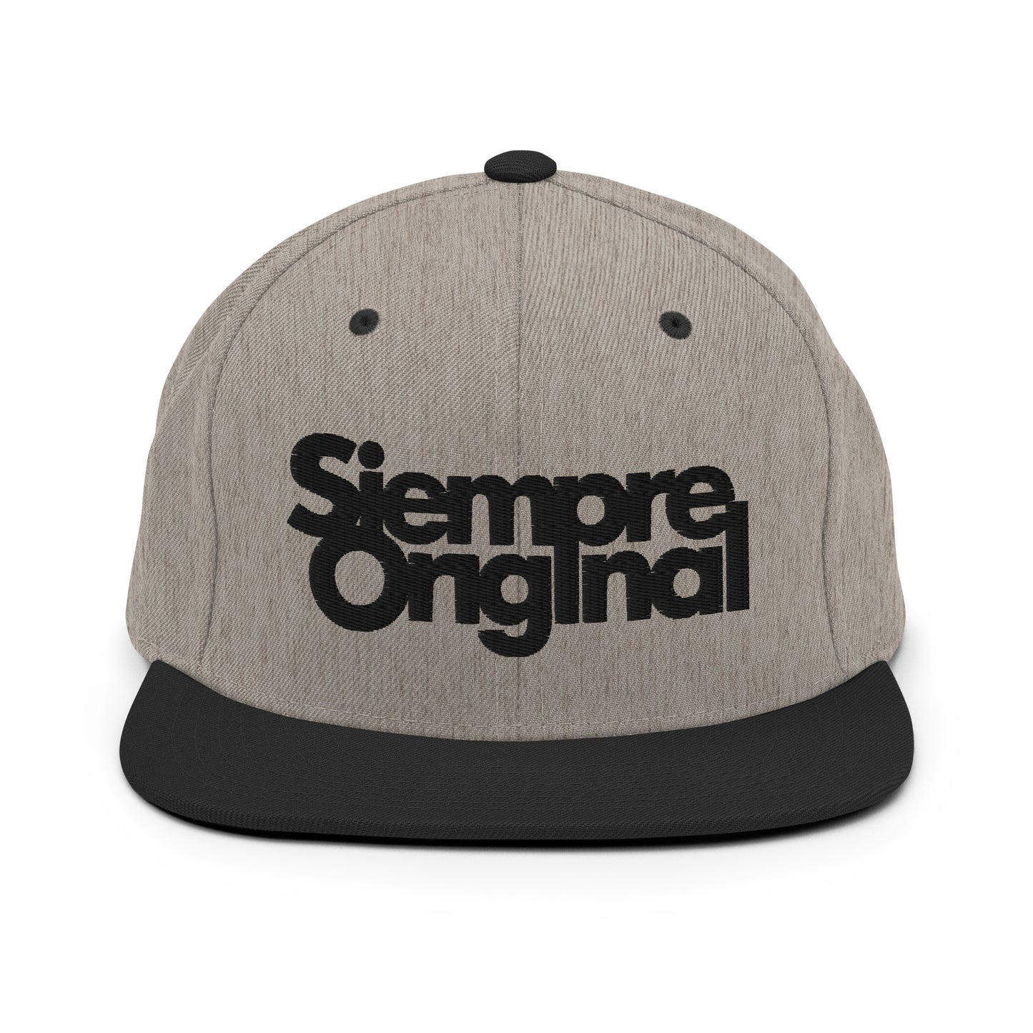 Gorra Snapback con logo Siempre Original bordado. Color Gris Jaspeado y Negro.