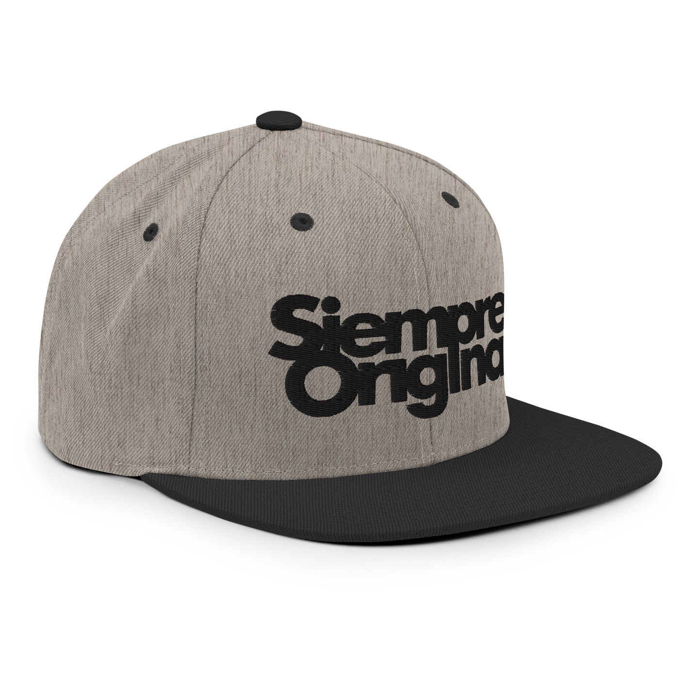 Gorra Snapback con logo Siempre Original bordado. Color Gris Jaspeado y Negro.