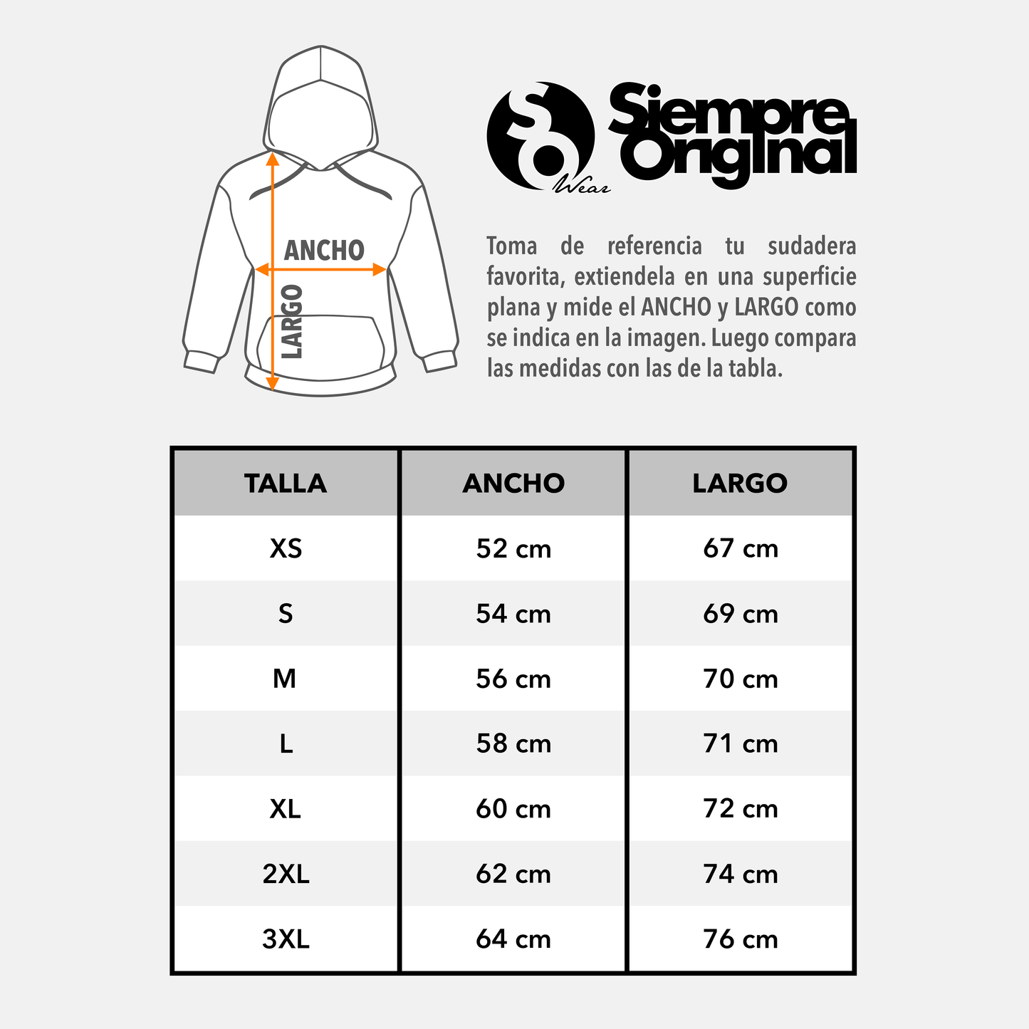 guia de tallas sudaderas con capucha siempre original