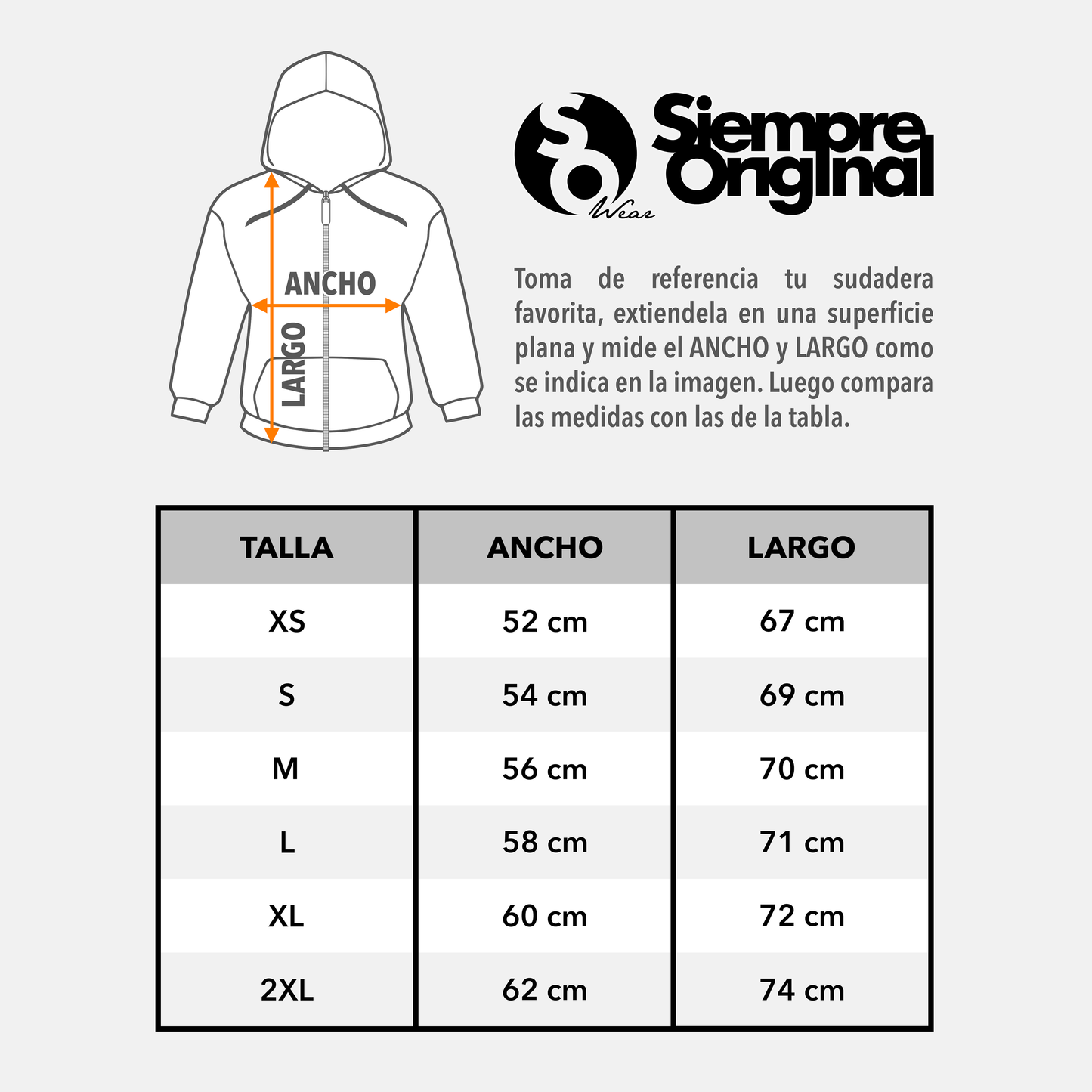 guia de tallas sudaderas con cremallera siempre original