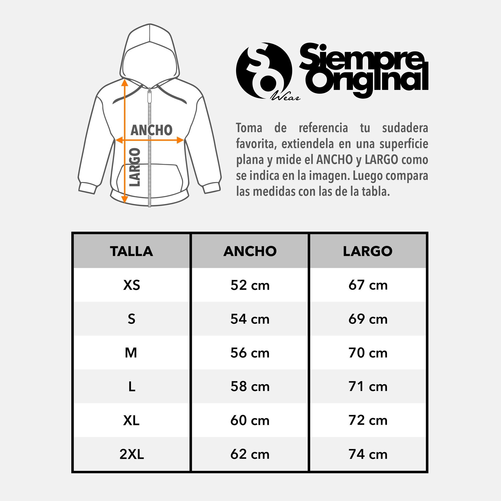 guia de tallas sudaderas con cremallera siempre original