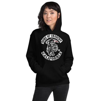 mujer con sudadera con capucha de sons of anarchy en color negro