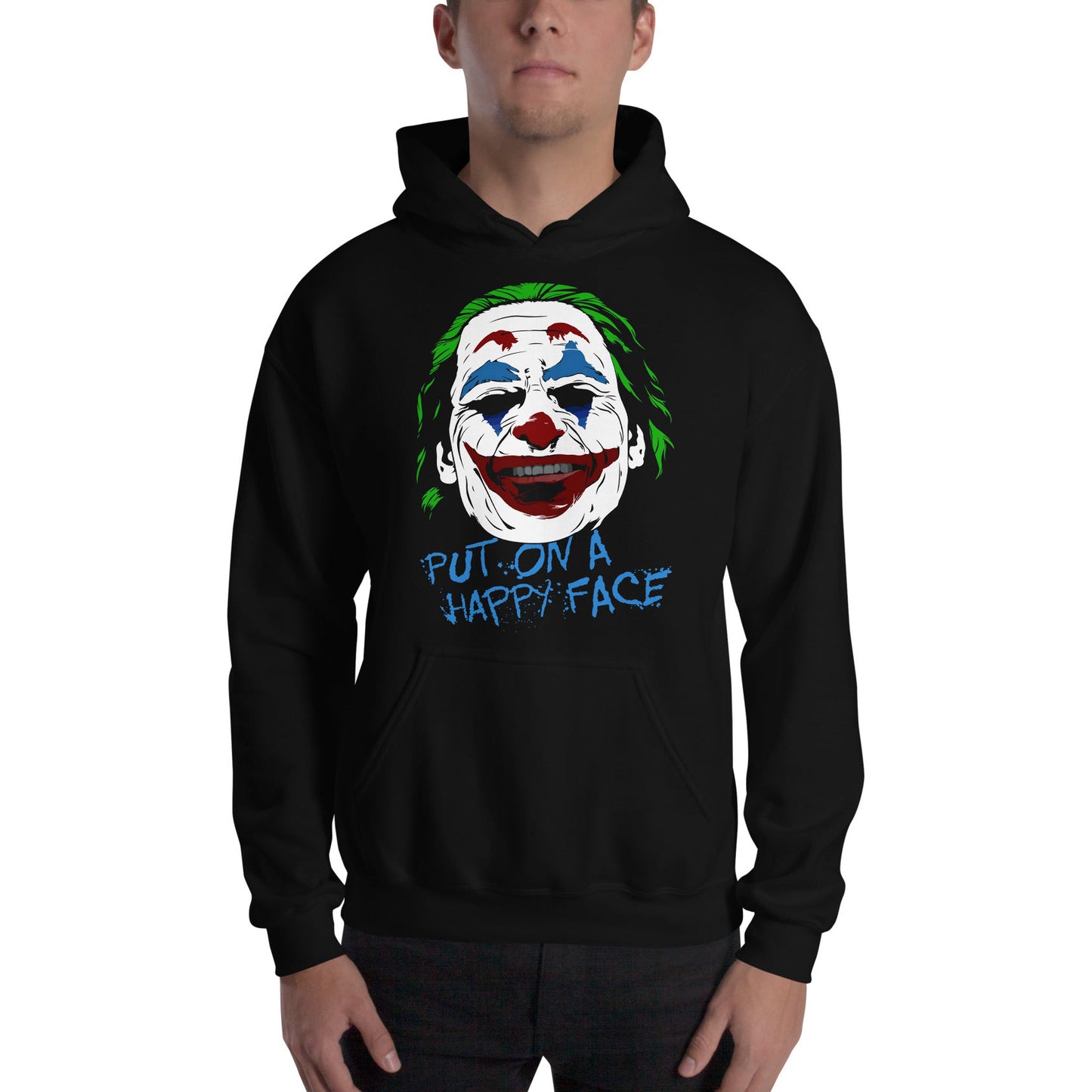 hombre con sudadera con capucha put on a happy face de joker en color negro