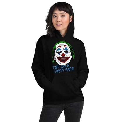 mujer con sudadera con capucha put on a happy face de joker en color negro