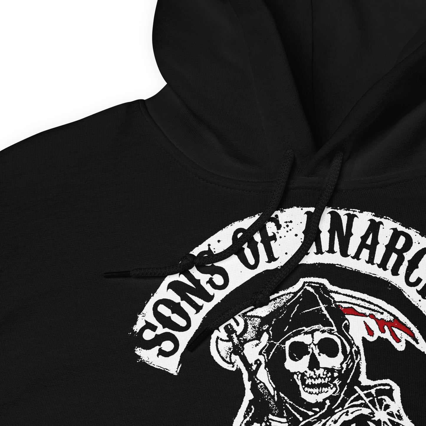 detalle de sudadera con capucha de sons of anarchy en color negro