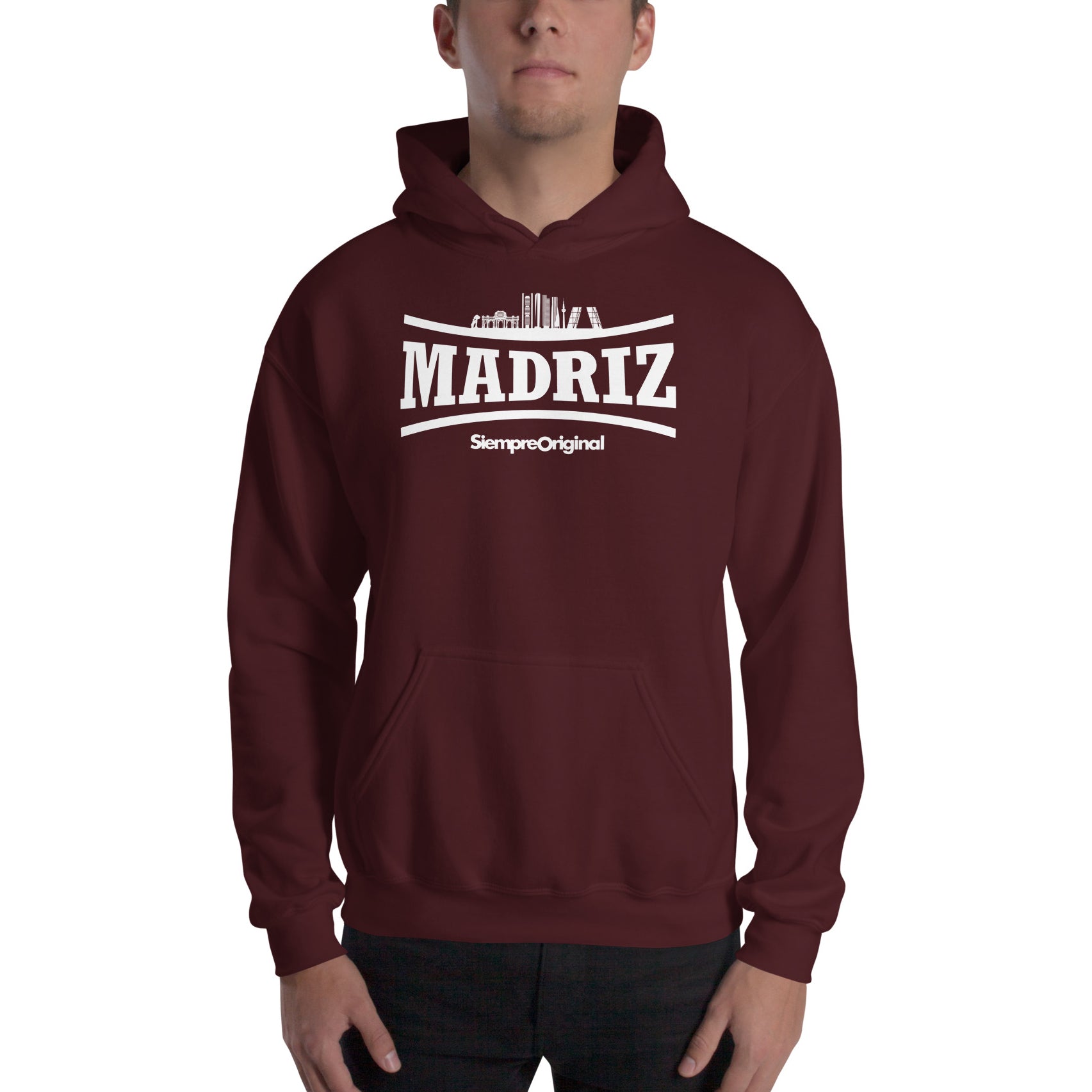 Sudadera con capucha de la ciudad de Madrid. Color Granate.