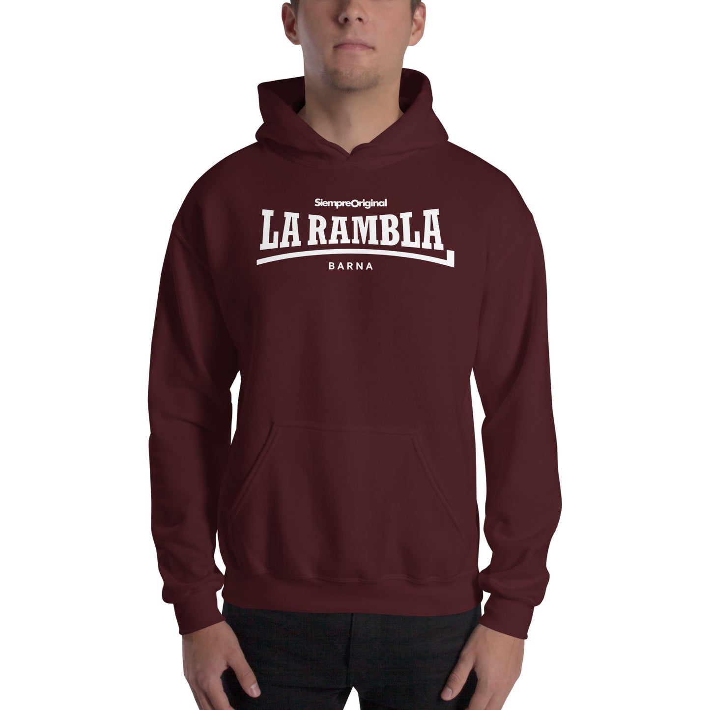 Sudadera con capucha de La Rambla - Barcelona. Color Granate.