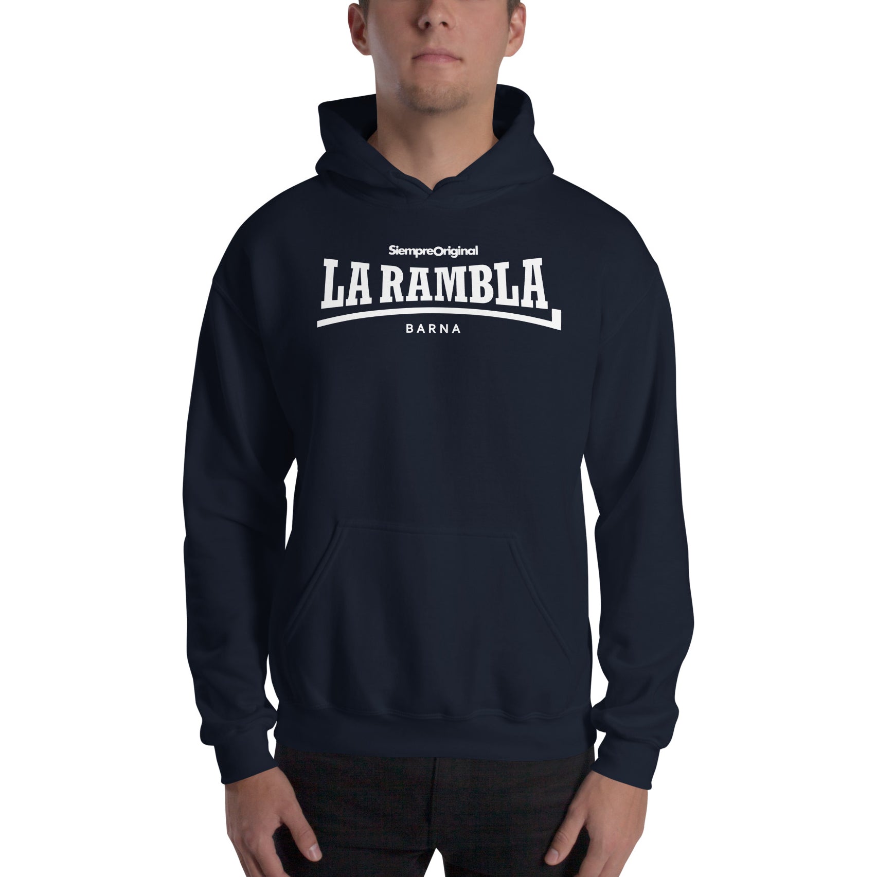 Sudadera con capucha de La Rambla - Barcelona. Color Azul Marino.